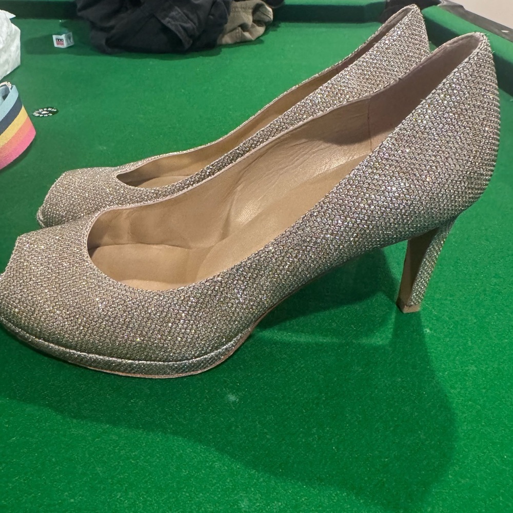 Stuart Weitzman Glittering Silver -Gold Peep-Toe Heels - Picture 4 of 6
